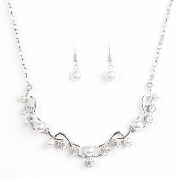 Pearl and Rhinestone Necklace + Pearl Earrings - Bridal Jewelry - Classic